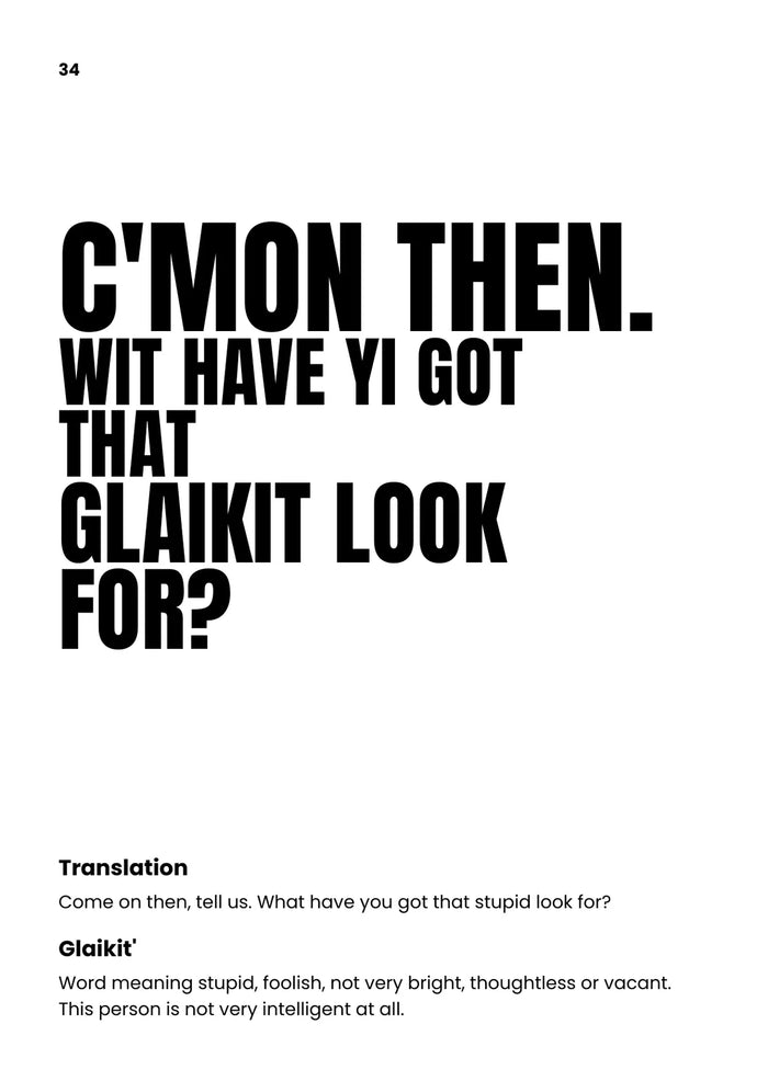 Page 34 of Volume 2, showing the Glaikit phrase and its English meaning