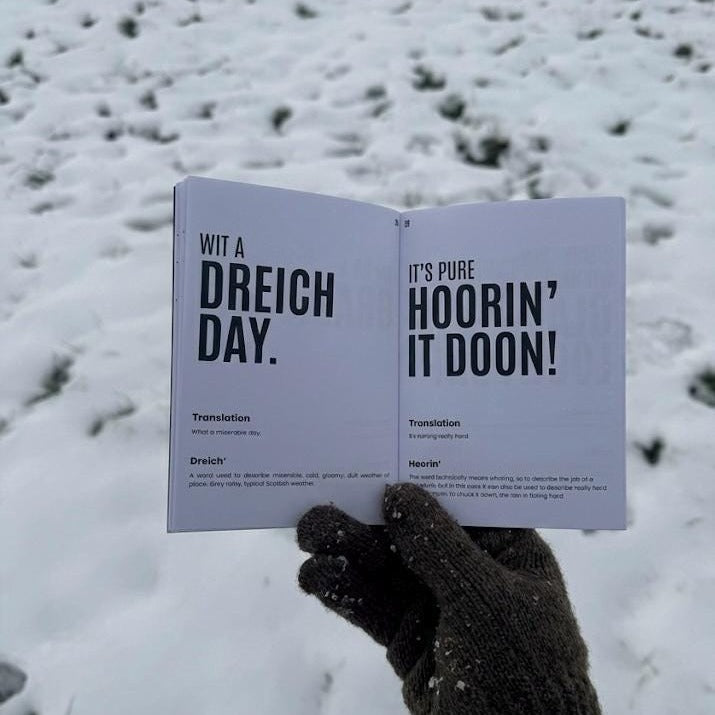 A Wee Book of Scottish Insults held open over a snowy field, showing the dreich and hoorin it doon entries