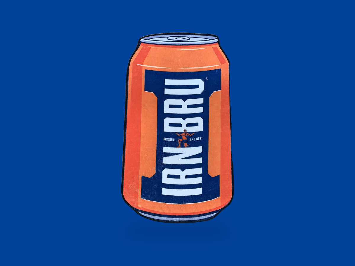 Irn-Bru Can Mat on a blue background